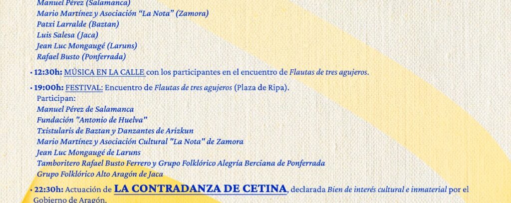 El certamen, que se engloba dentro de las actividades previas de la 52 edición del Festival Foklórico de los Pirineos, contará con la representación de la Contradanza de Cetina, conciertos, feria de lutieres, mesa redonda y taller de instrumentos, entre otras actividades.
